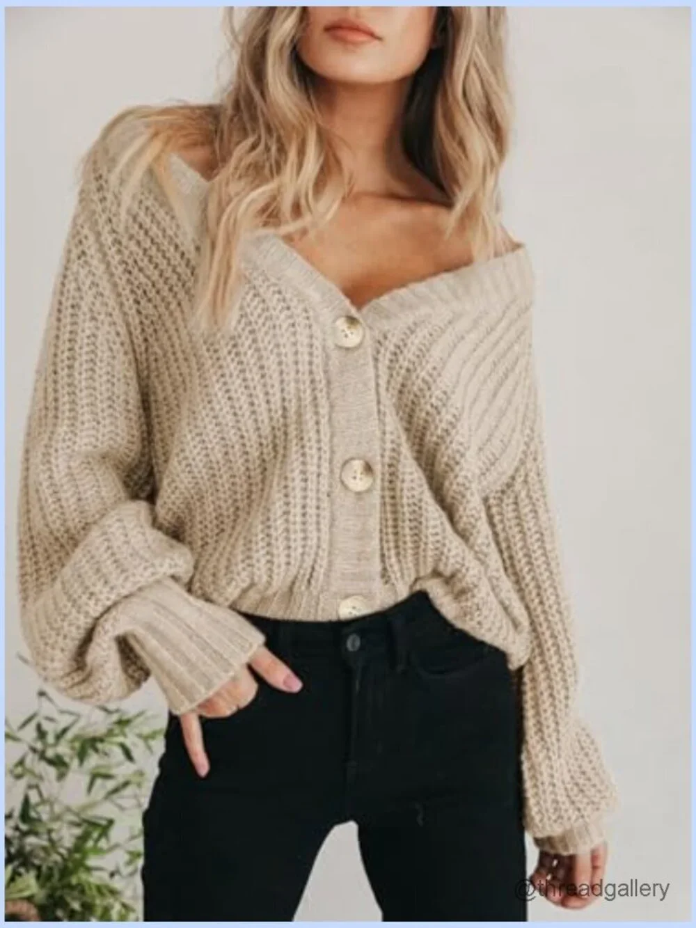 Chunky Knit Open Front Cardigan Long Sleeve Button Loose Short Coat